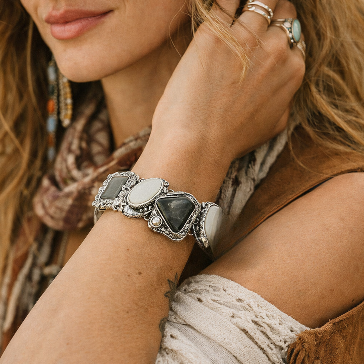 Bold Boho Black River Stone Bracelet