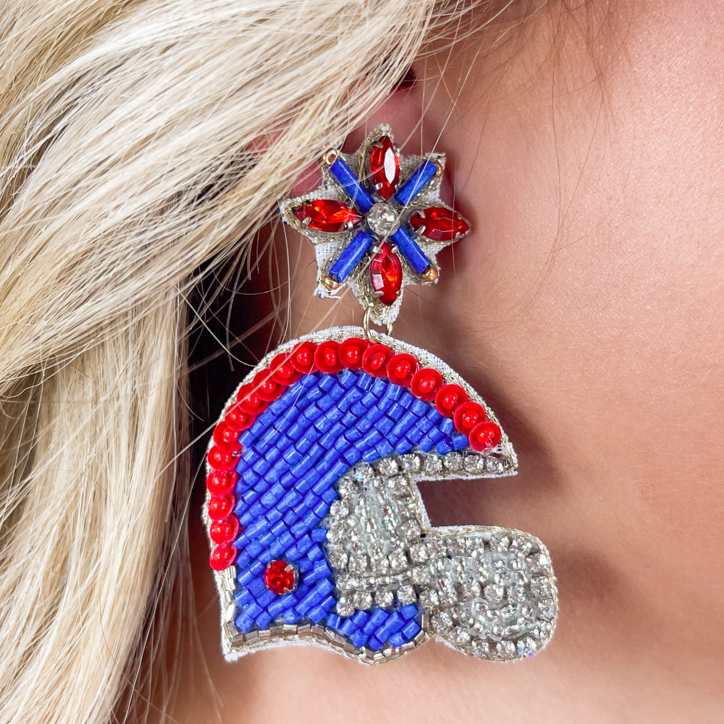 Red Blue Football Team Colors Beaded Crystal Helmet Earrings