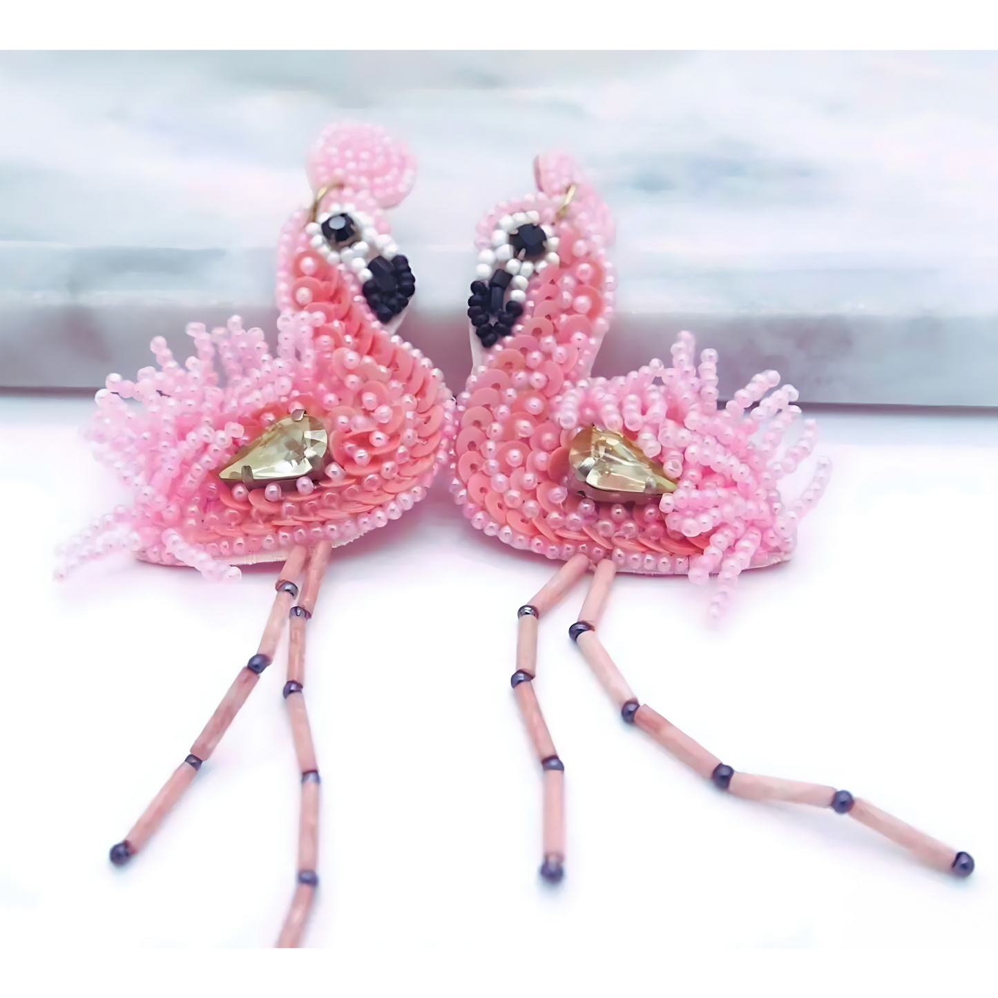 Pink Flamingo Beaded Crystal Jeweled Dangle Earrings