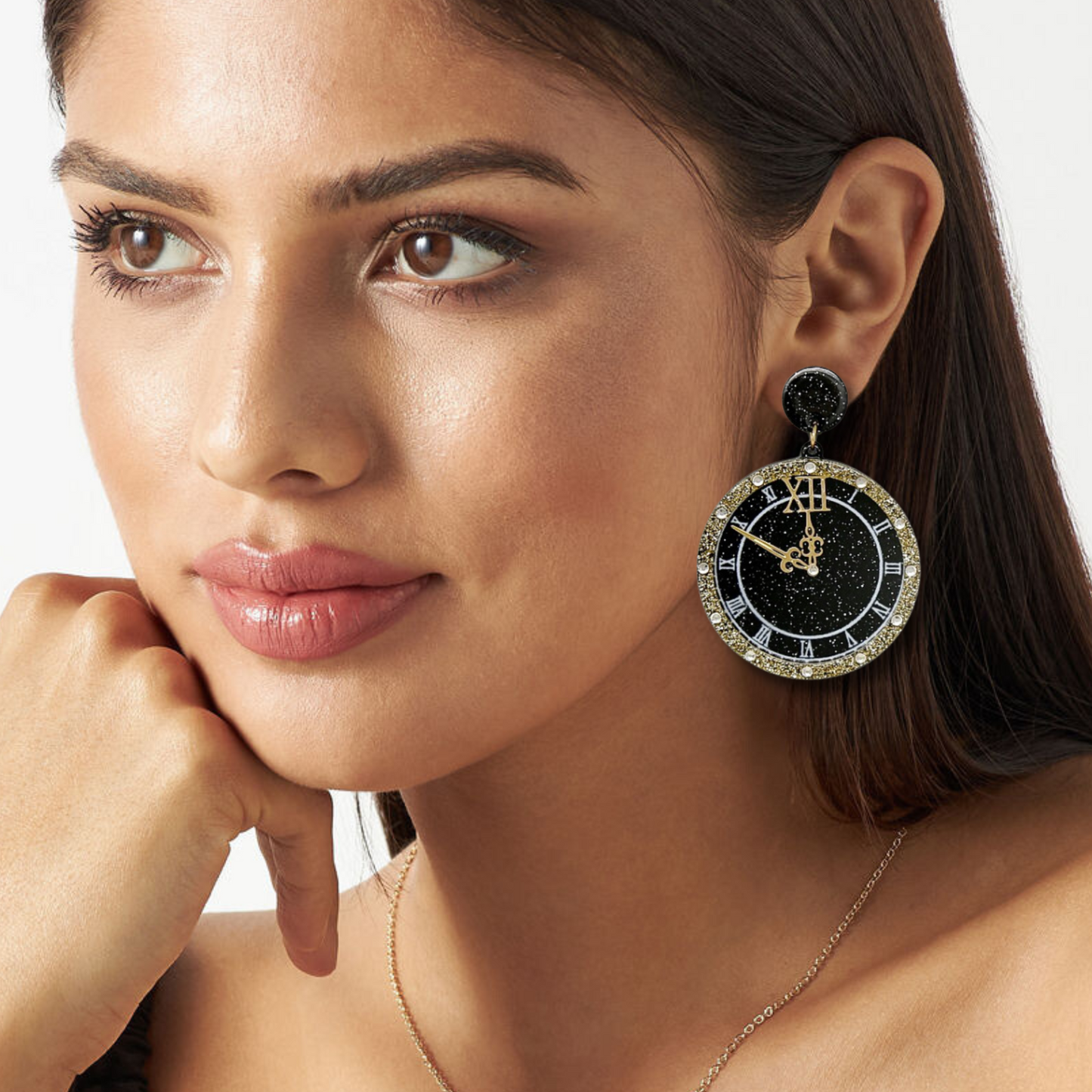 Happy New Years Eve Rhinestone Clock Drop Earrings