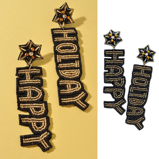 Happy New Years Eve Words Seed Beaded Drop Earrings