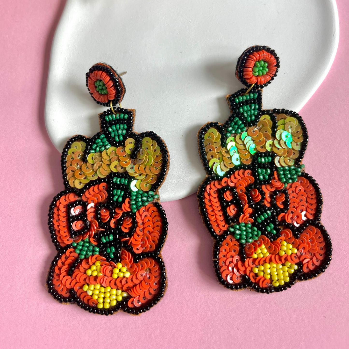 Sparkle Pumpkin Stack Halloween Theme Beaded Earrings