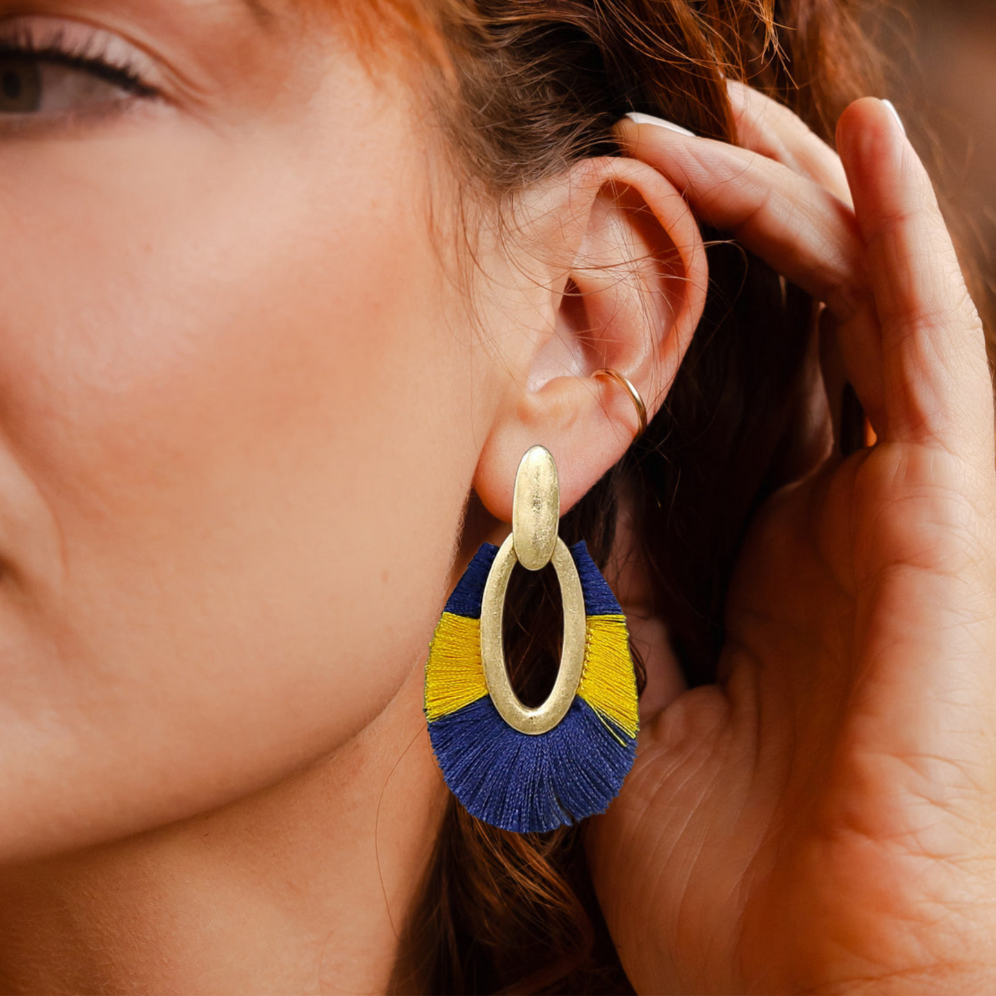 Blue Yellow Football Team Gameday Oval Fringe Earrings