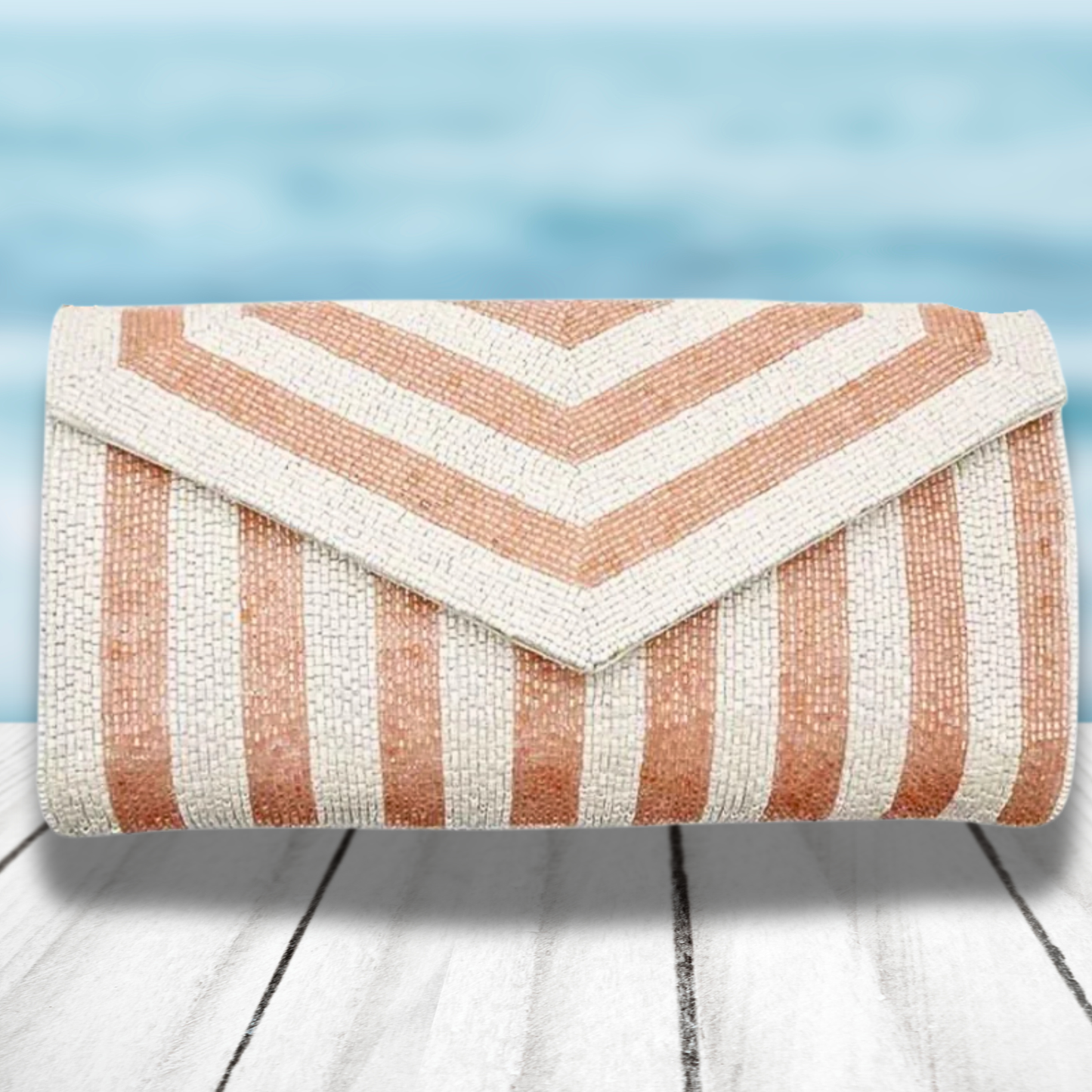 Rose & Ivory Striped Seed Beaded Clutch