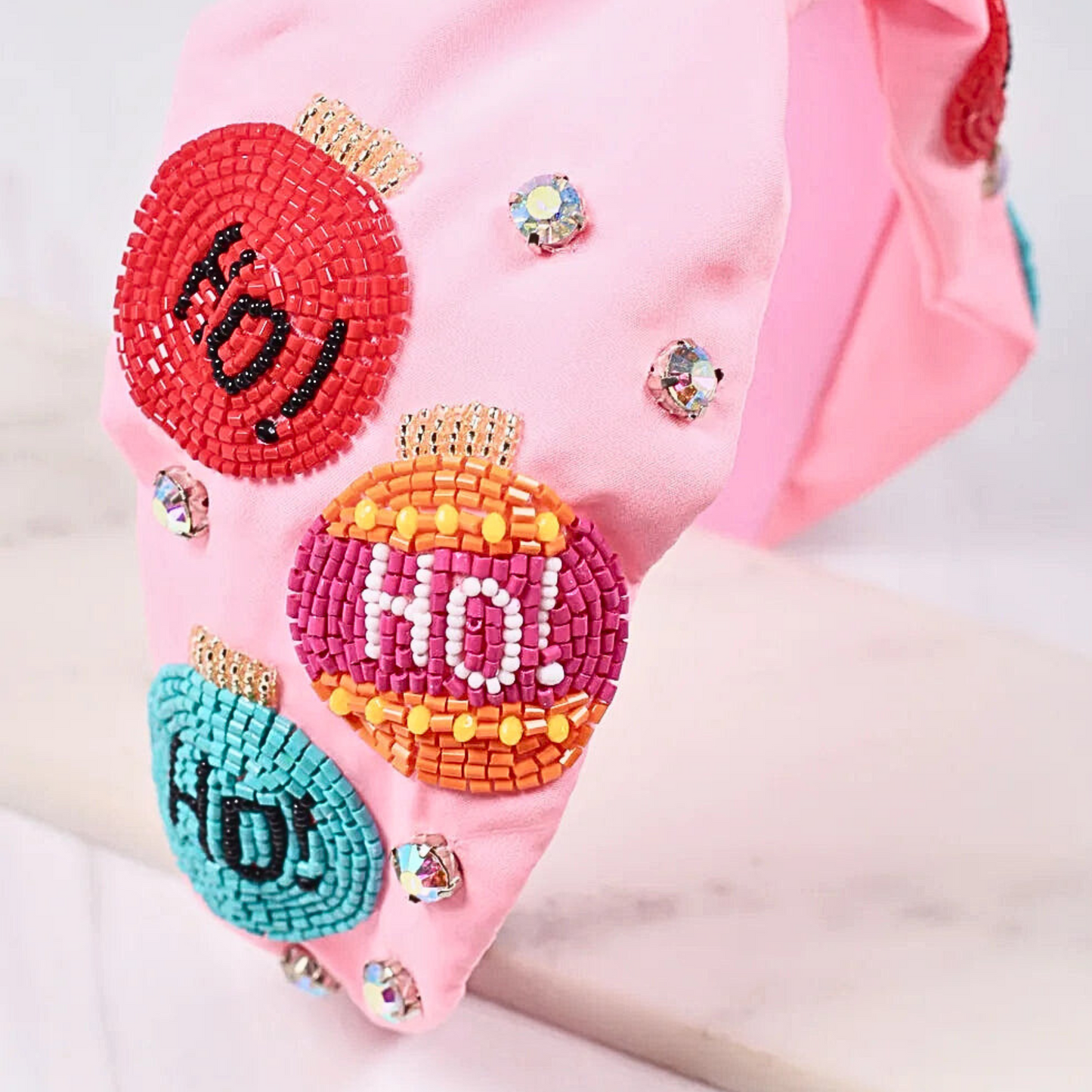 Christmas Santa Beaded Crystal Top Knot Pink Headband