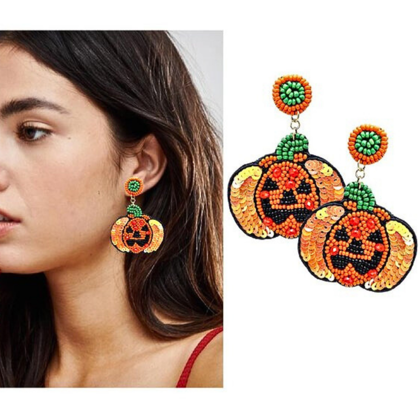 Sparkle Sequin Beaded Jack-O-Lantern Pumpkin Earrings