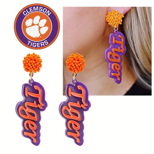 Clemson Tiger Word Football Acrylic Orange Purple Earrings