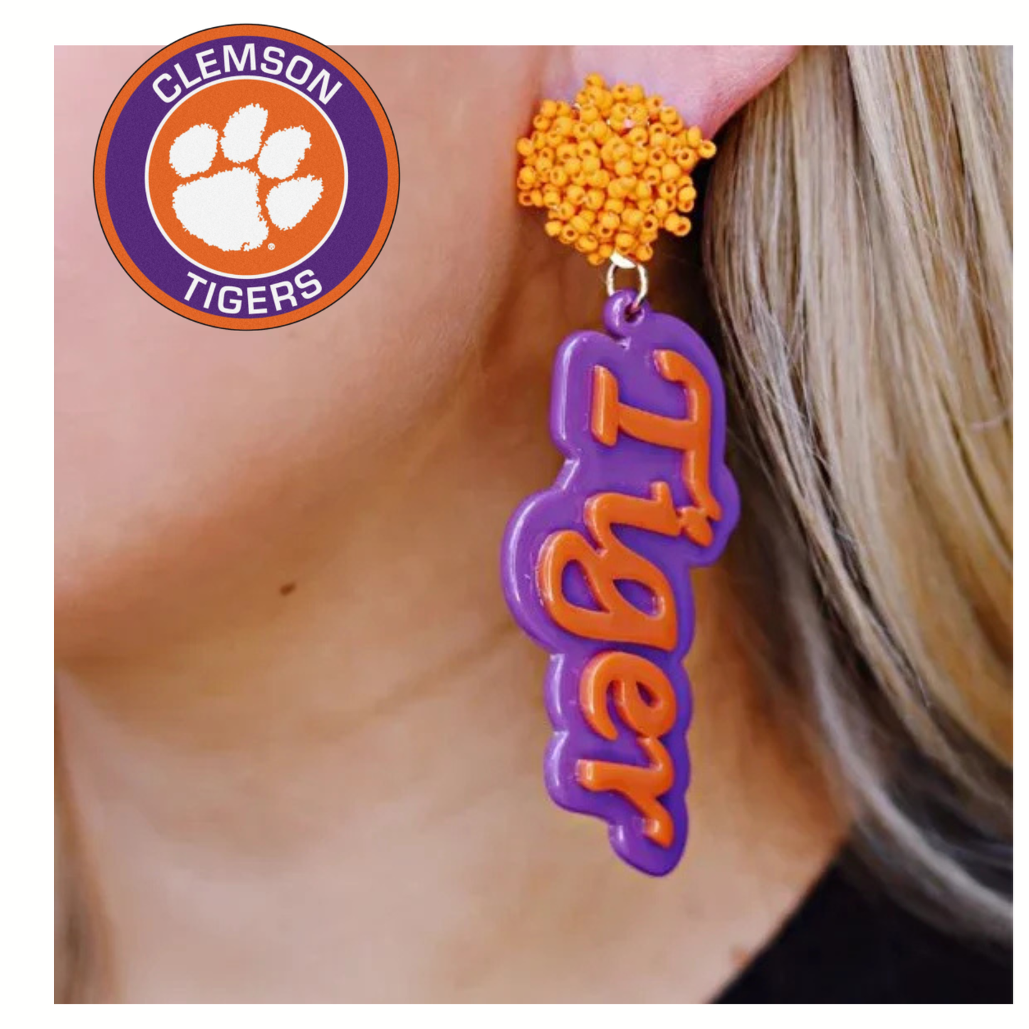 Clemson Tiger Word Football Acrylic Orange Purple Earrings