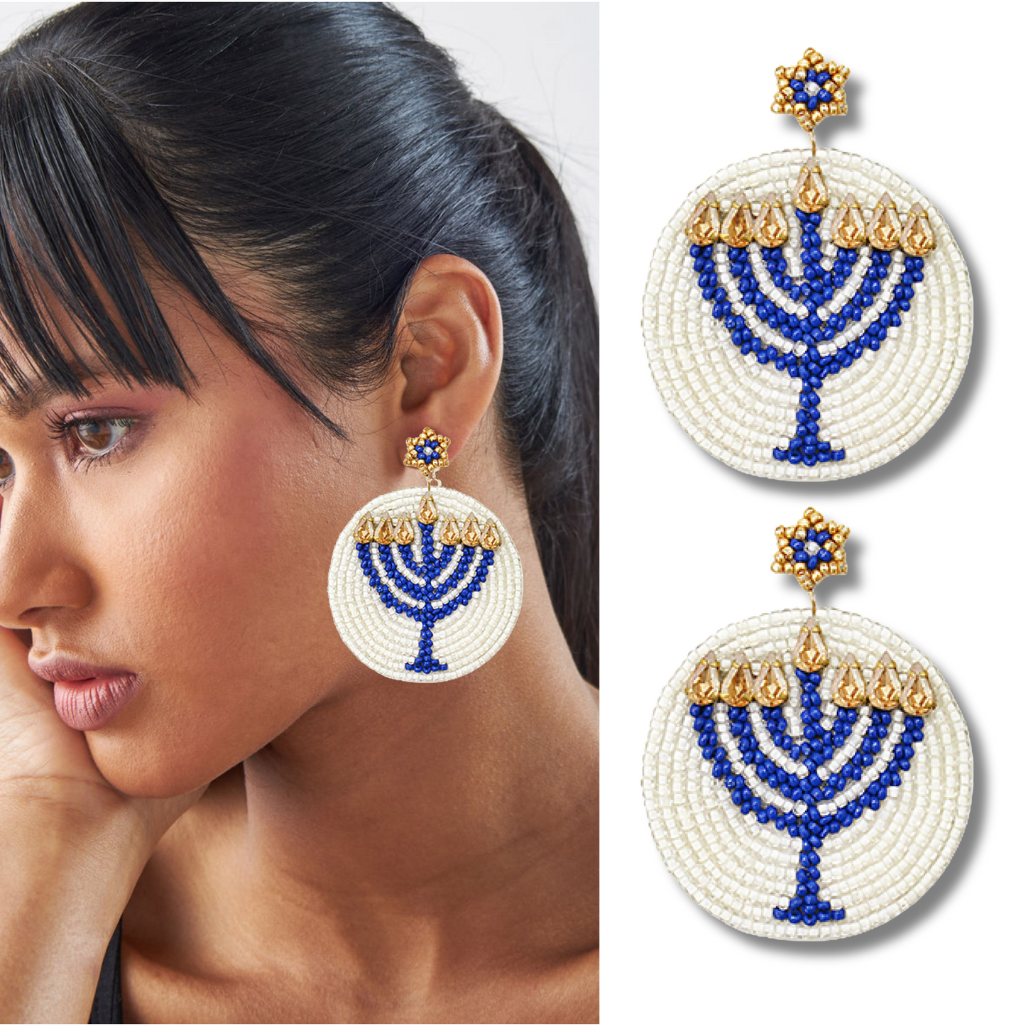Happy Hanukkah Blue Candle Menorah Beaded Gift Earrings