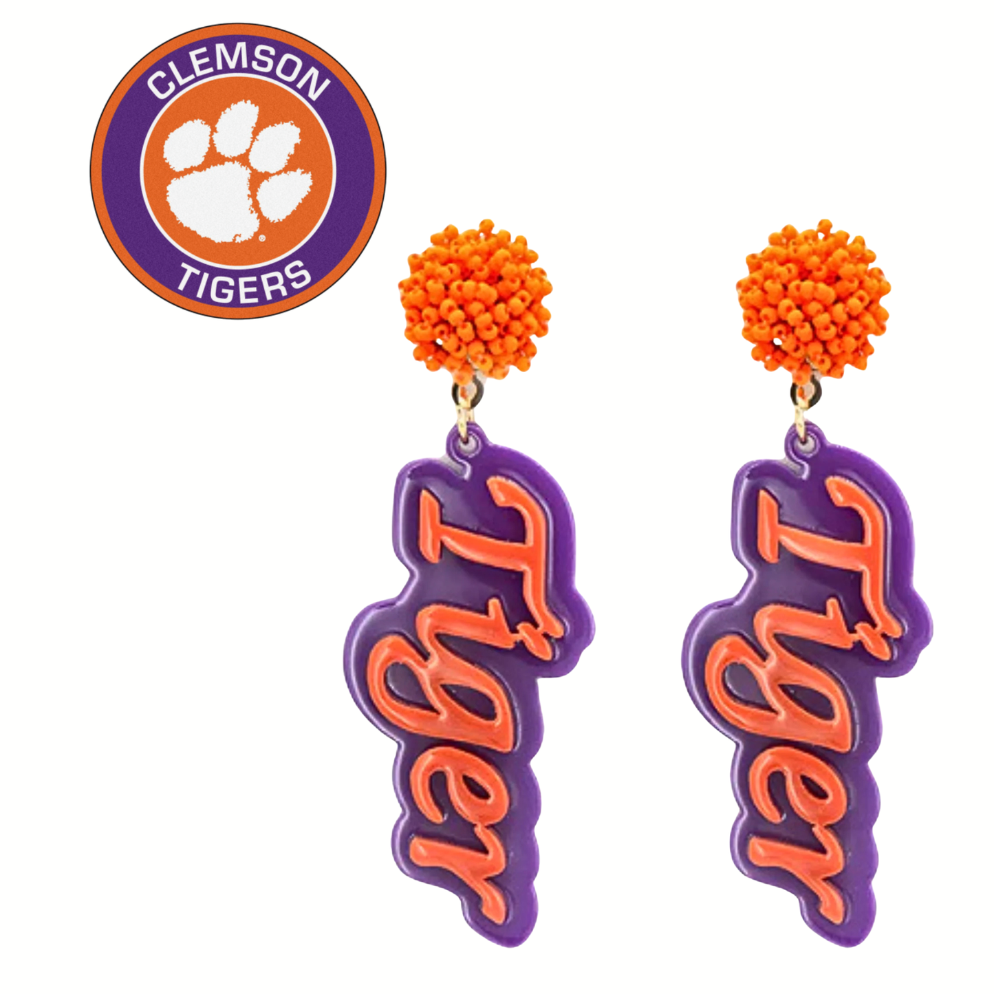 Clemson Tiger Word Football Acrylic Orange Purple Earrings