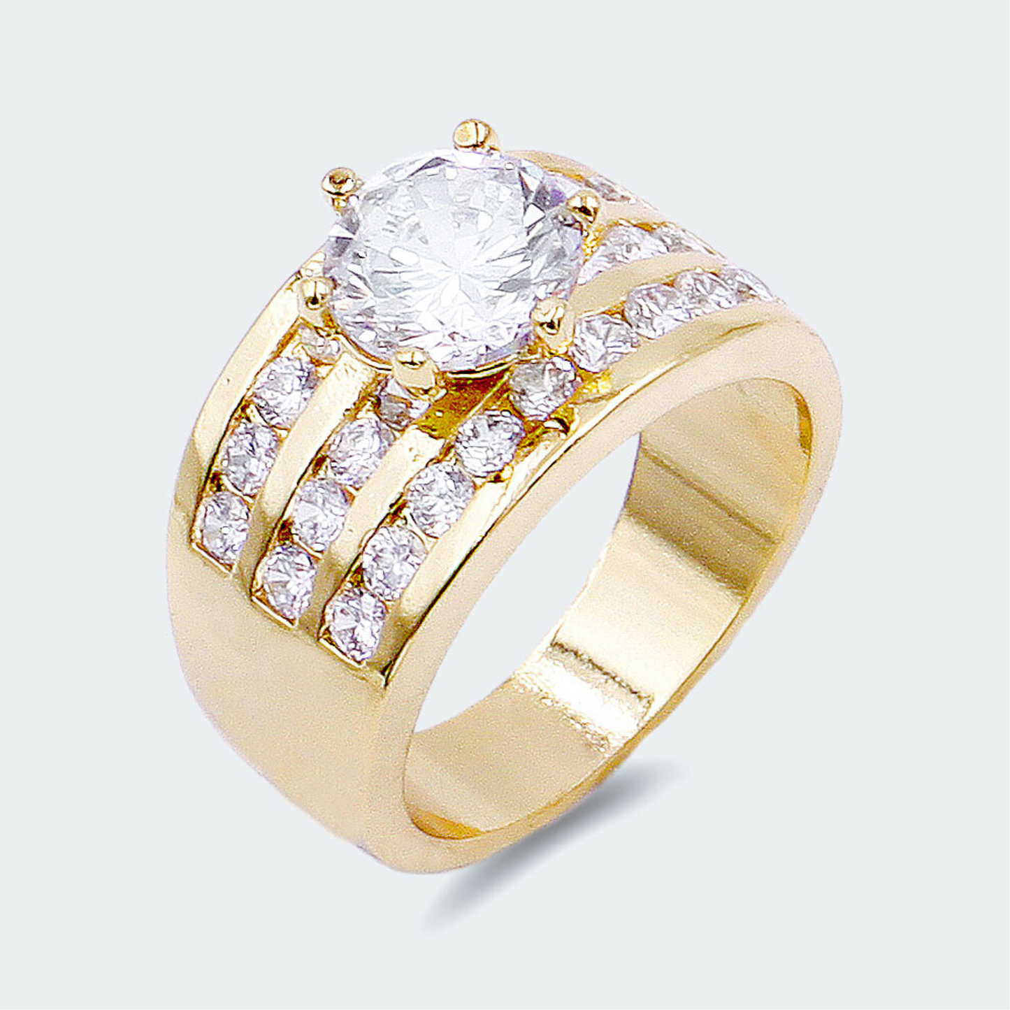 Engagement Solitaire Gem 3-Row Gold Ring