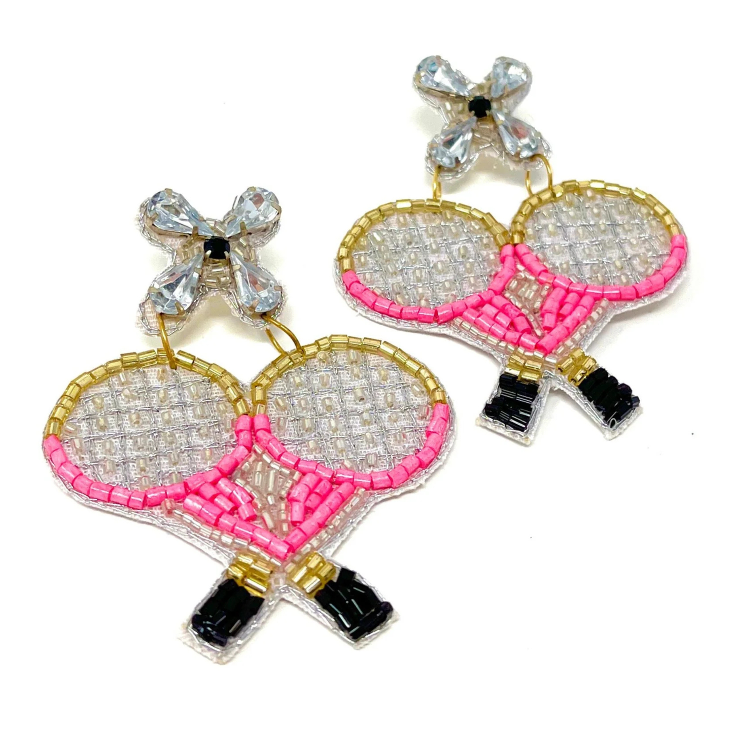 TENNIS Theme Crystal & Seed Beaded Pink Racket Earrings