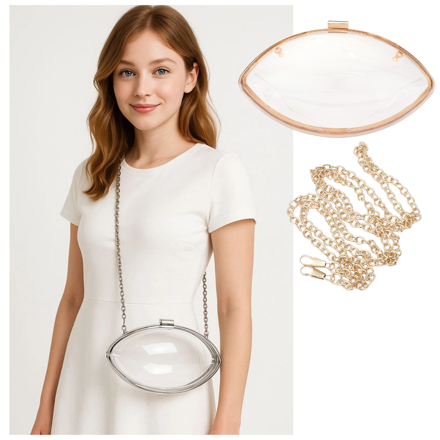 Gold Clear Metal Football Shaped Crossbody Bag