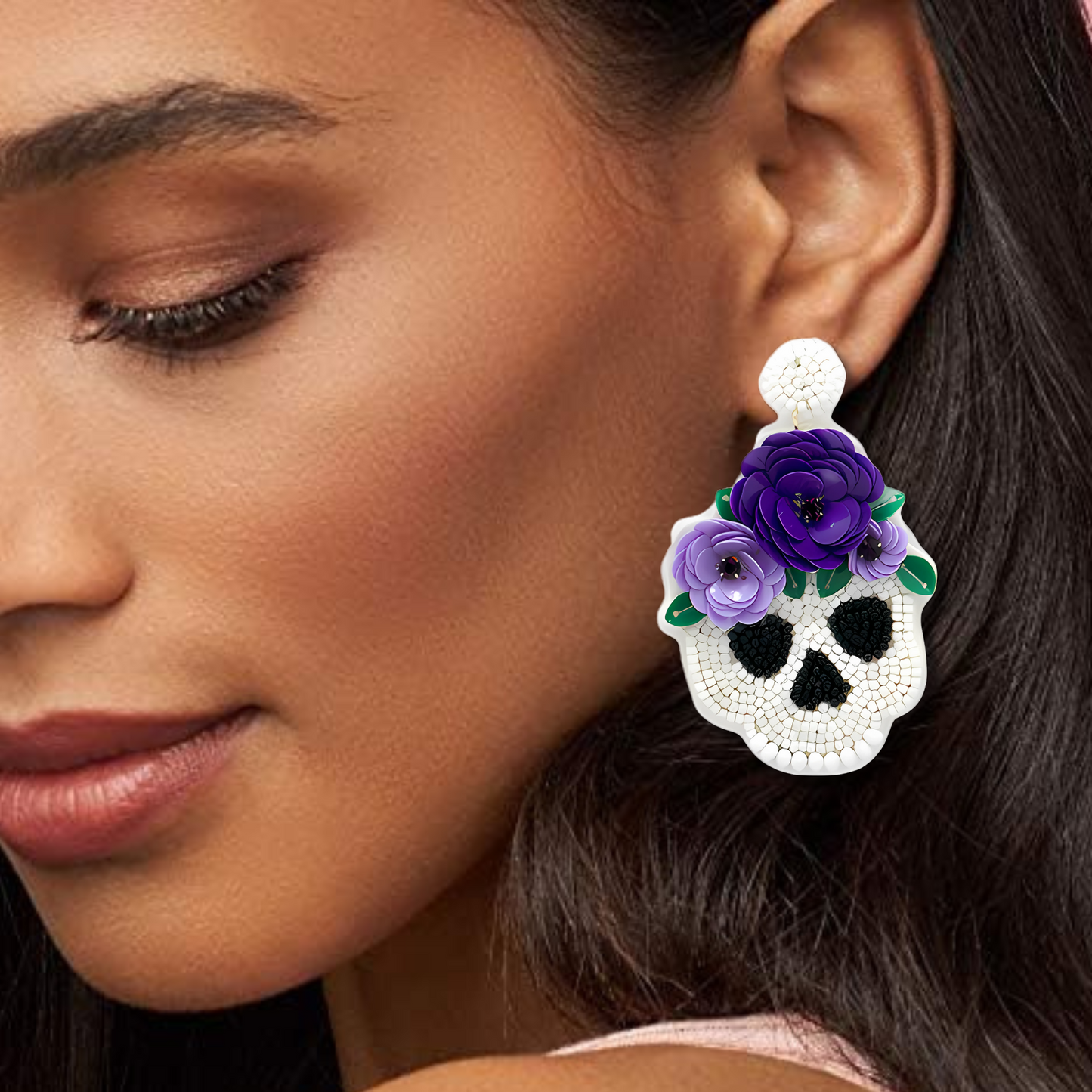 Sugar Skull Mardi Gras Halloween Seed Beaded Earrings