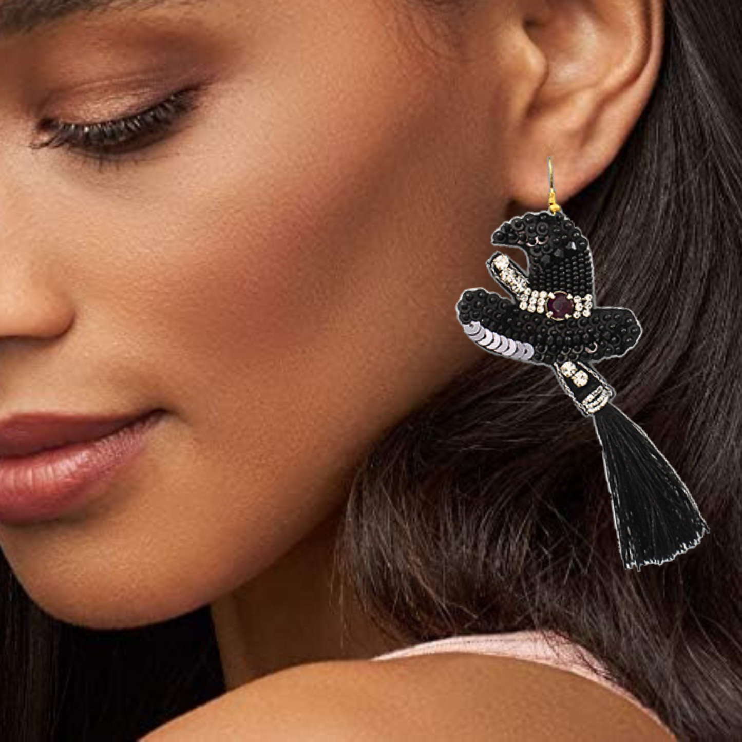 Jeweled Beaded Crystal Witch Hat Broom Halloween Earrings