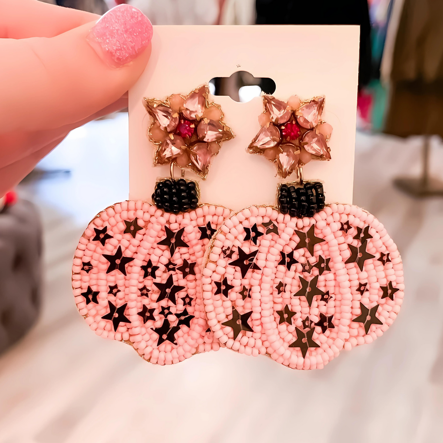 Pink Cosmic Pumpkin Fall Autumn Seed Beaded Earrings