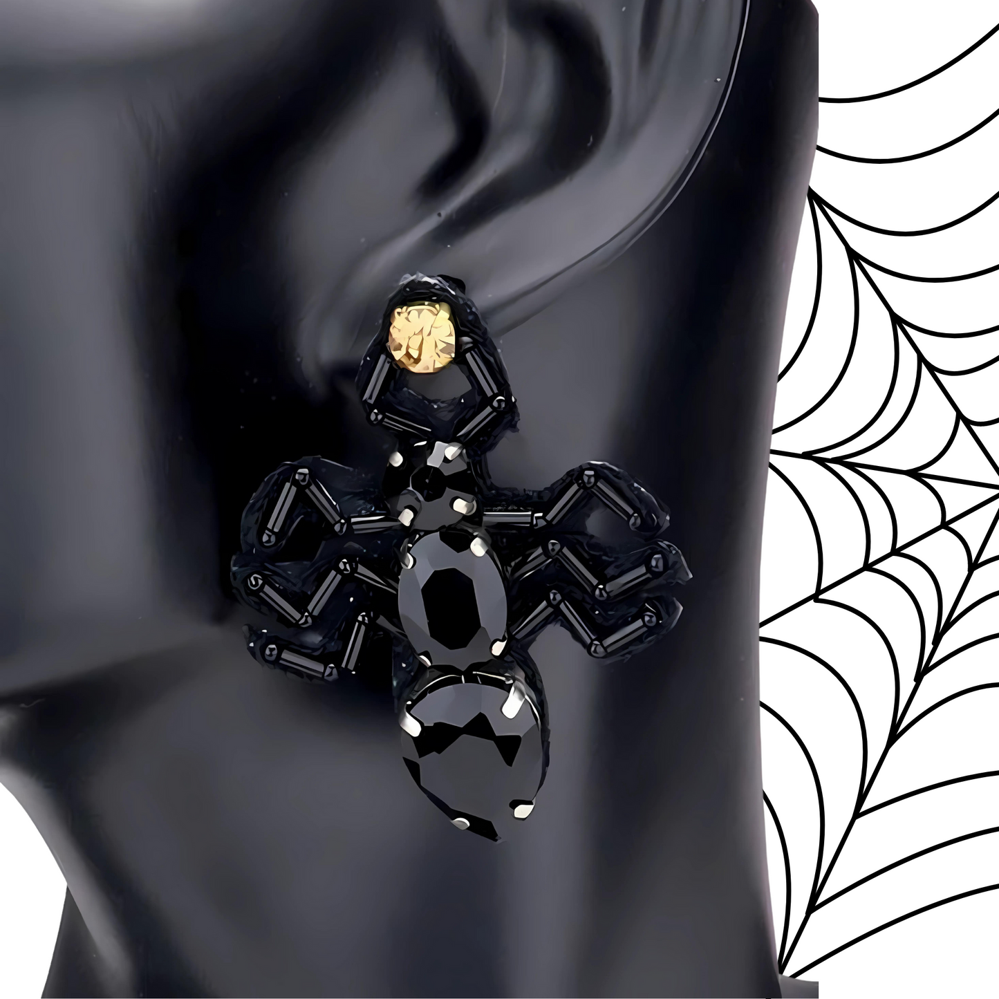 Obsidian Beaded Austrian Crystal & CZ Spider Halloween Goth Earrings