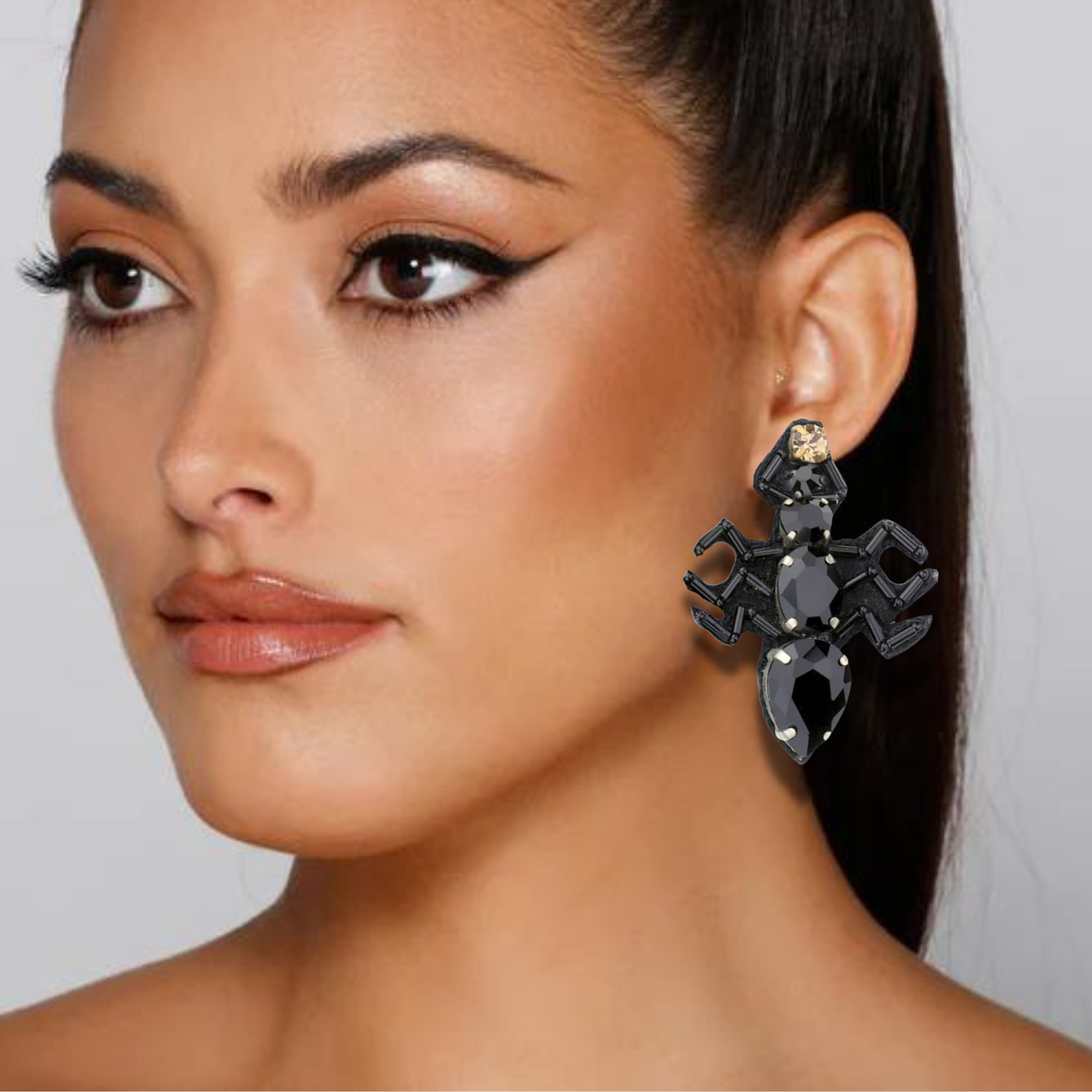 Obsidian Beaded Austrian Crystal & CZ Spider Halloween Goth Earrings