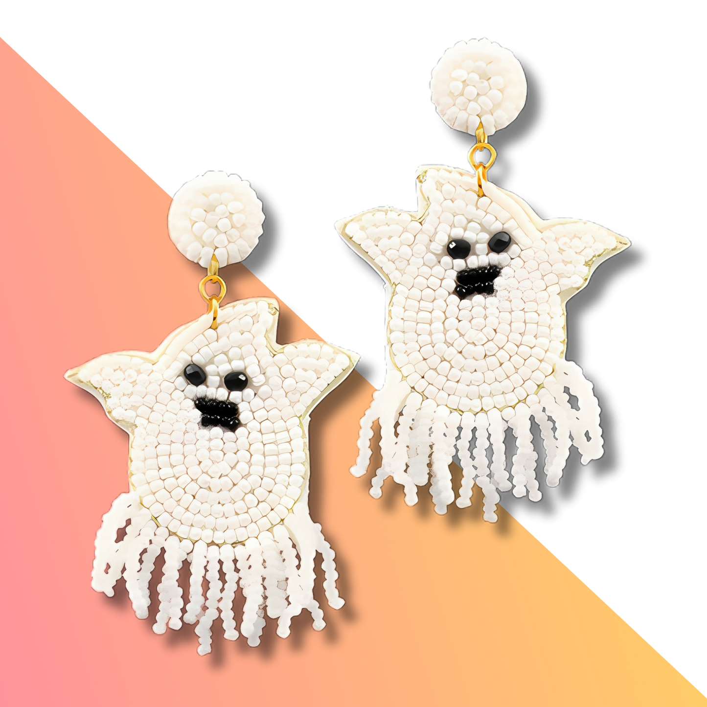 Spooky Fringe Bottom White Ghost Halloween Beaded Earrings