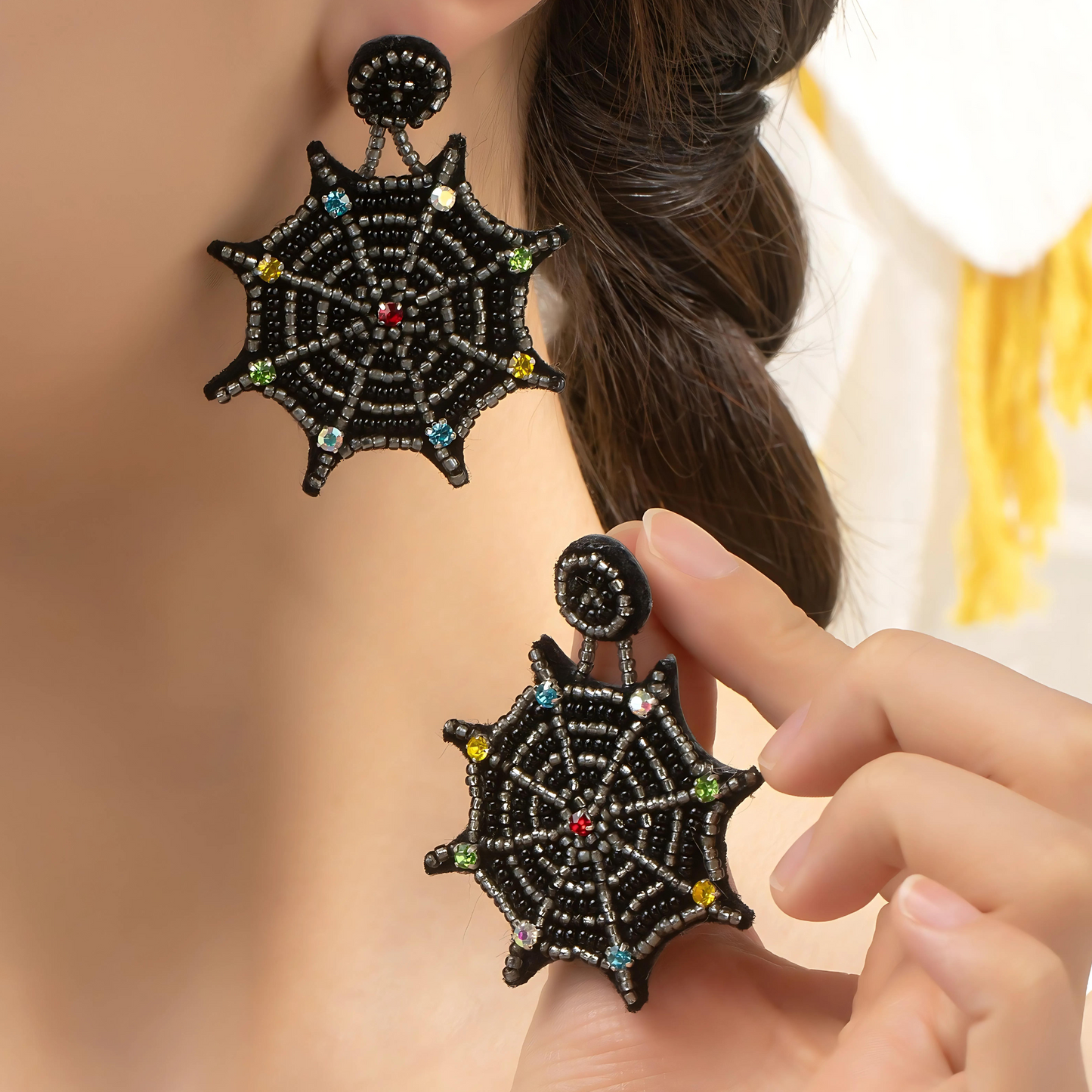 Seed Beaded Spider Web Halloween Goth Party Earrings
