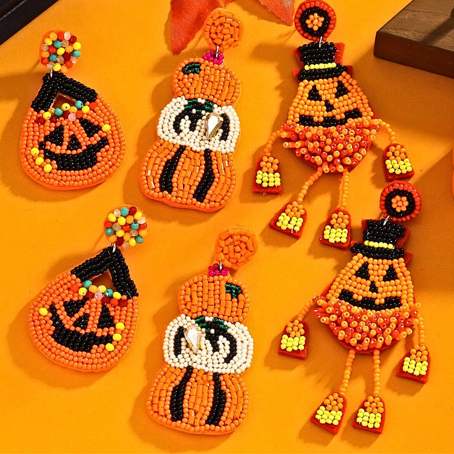 Beaded Dancing Pumpkin Patch Man Halloween Earrings