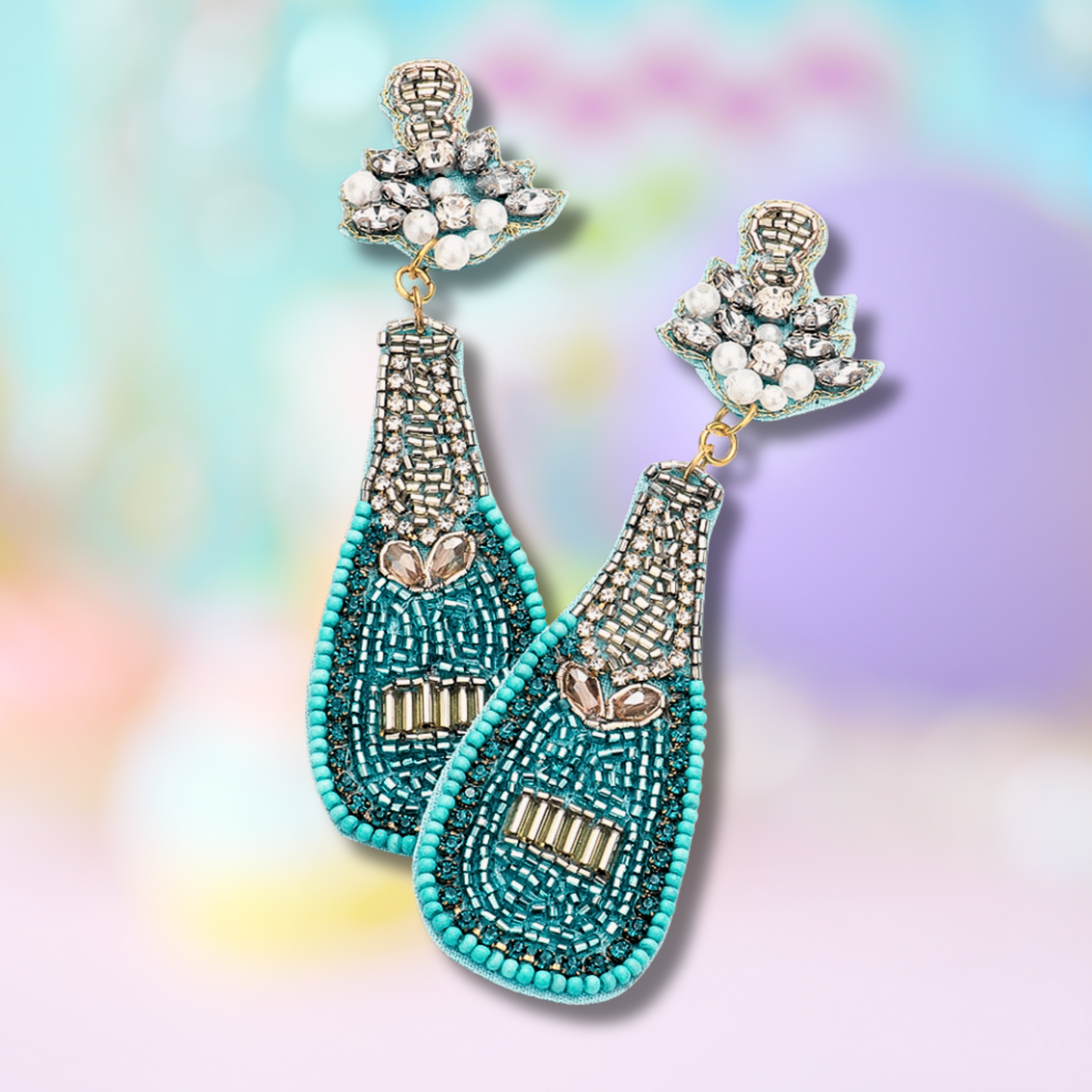 Teal Silver Crystal Beaded Champagne Bottle Party Earrings
