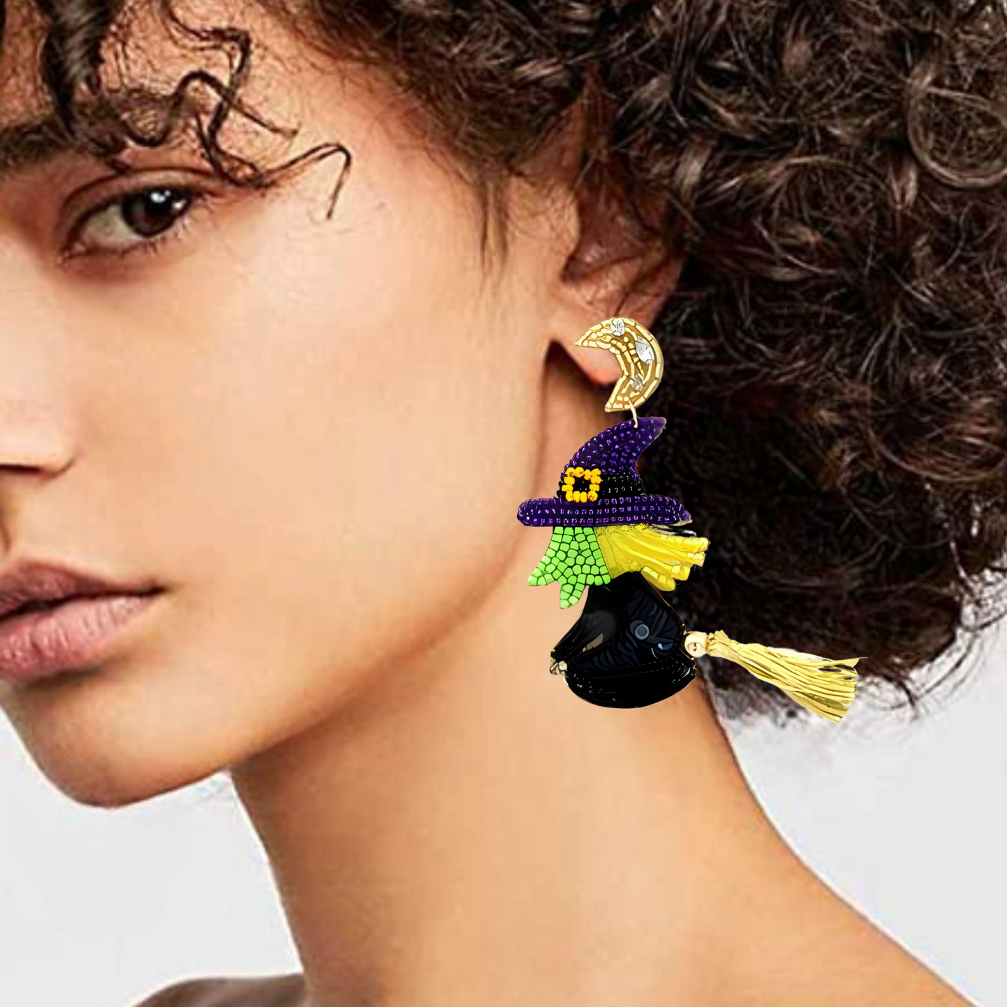 Moon Ride Broomstick Witch Bead Rhinestone Earrings