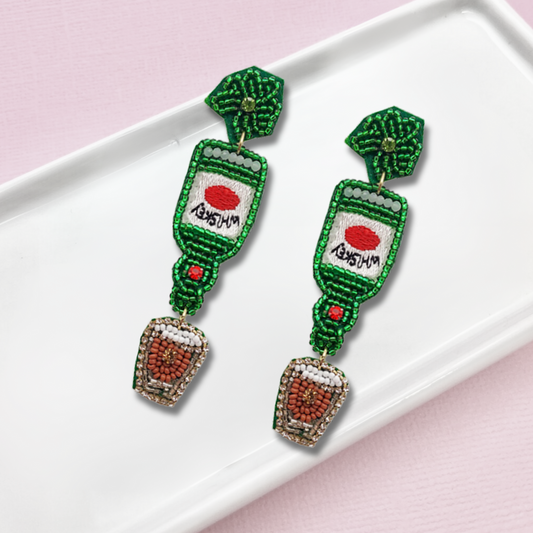 St Patrick's Day Irish Whiskey Lover Beaded Earrings