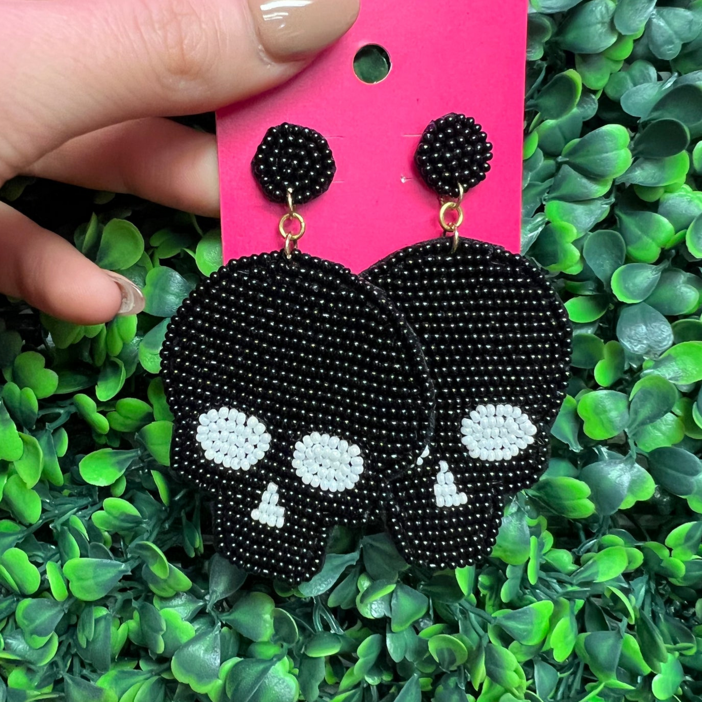 Black Shadow Skull Spooky Halloween Beaded Earrings
