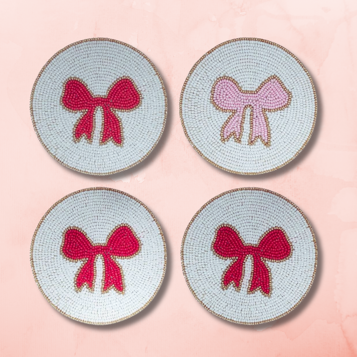 Pink Bow Artisan Beaded Set of 4 Coasters
