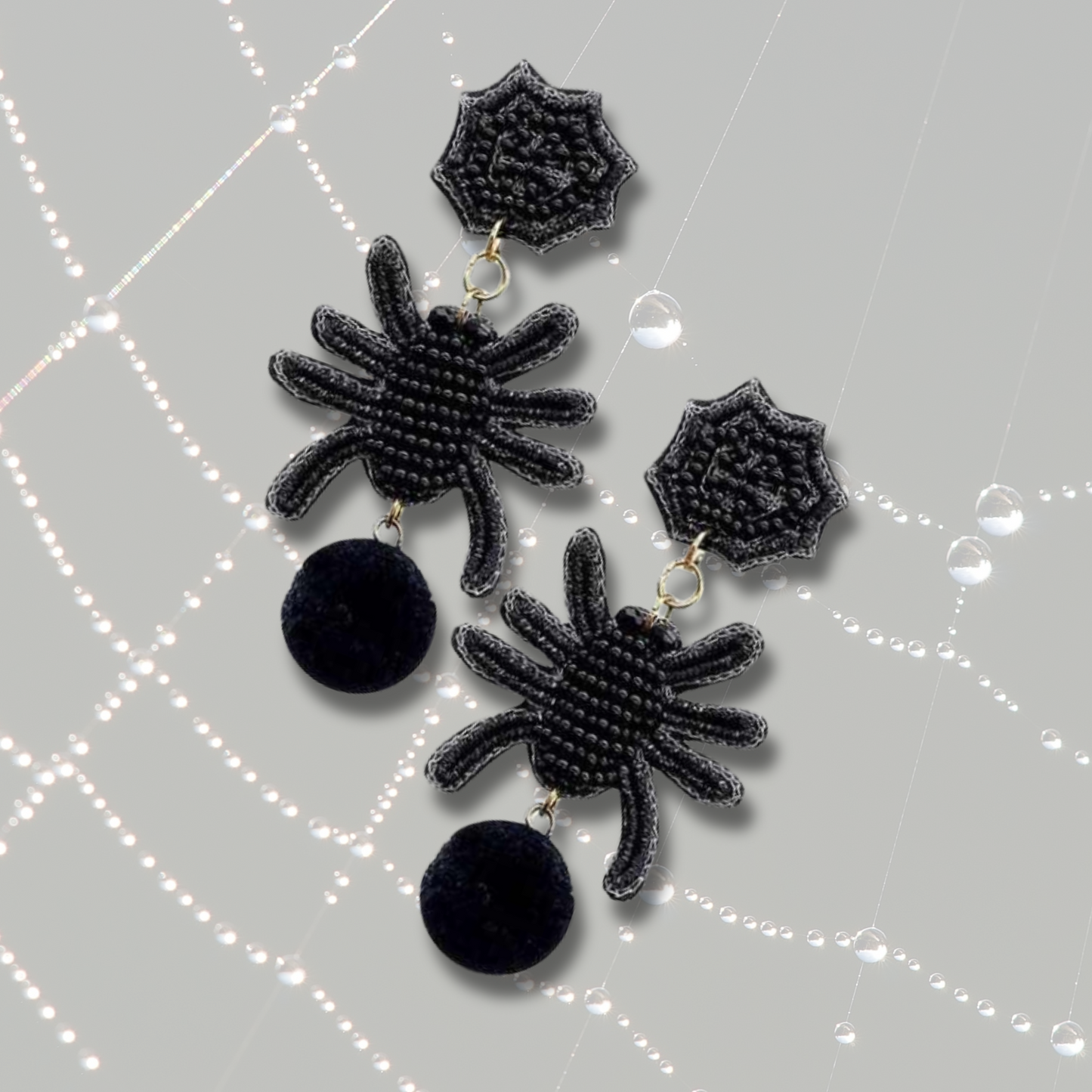 Halloween Spider Web Beaded Fur Pom-Pom Earrings