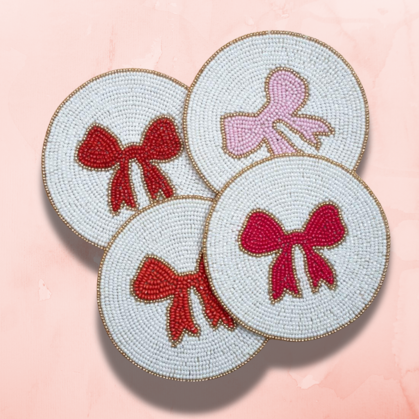 Pink Bow Artisan Beaded Set of 4 Coasters