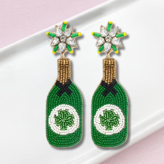 St Patrick's Day Irish Champagne Bottle Beaded Earrings