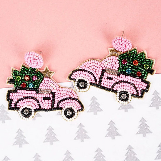Christmas Tree Pink Truck Run Seed Beaded Earrings