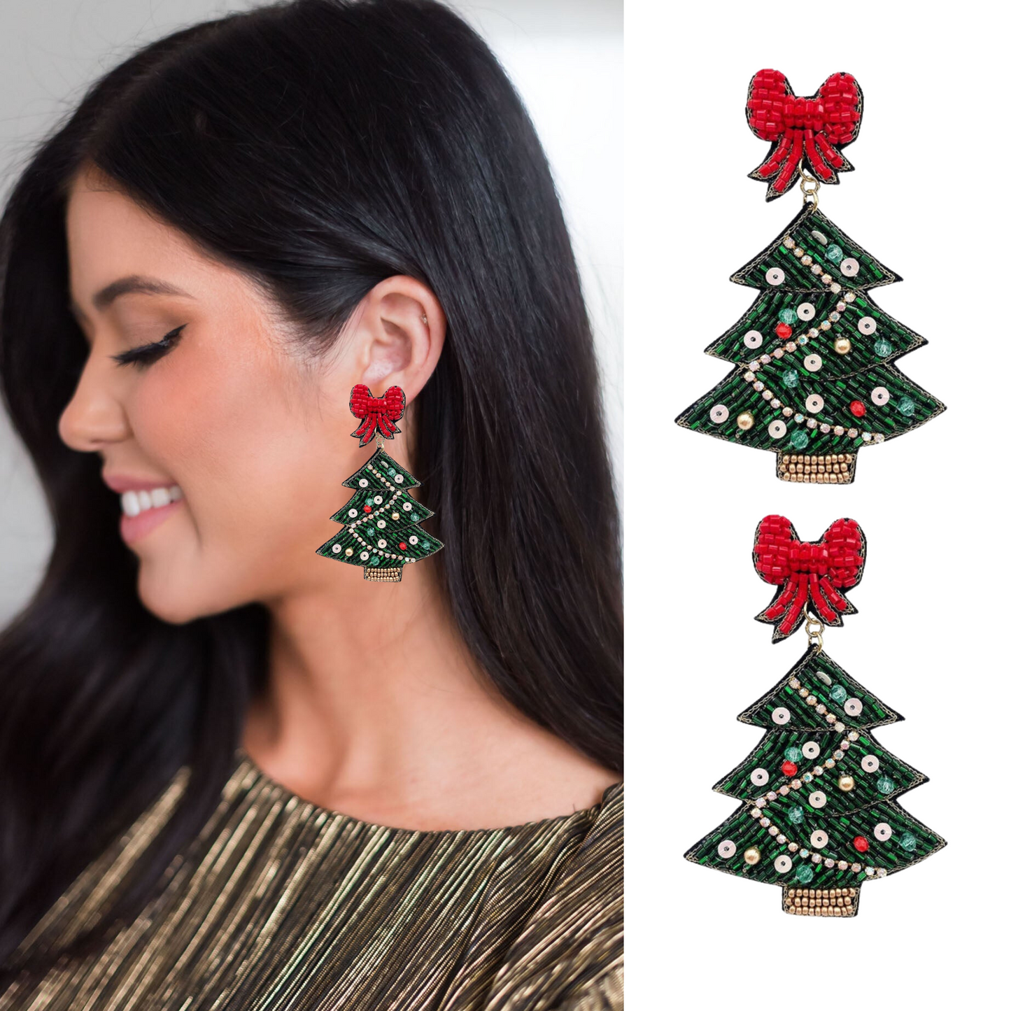 Big Bow Sequin Rhinestone Christmas Tree Earrings