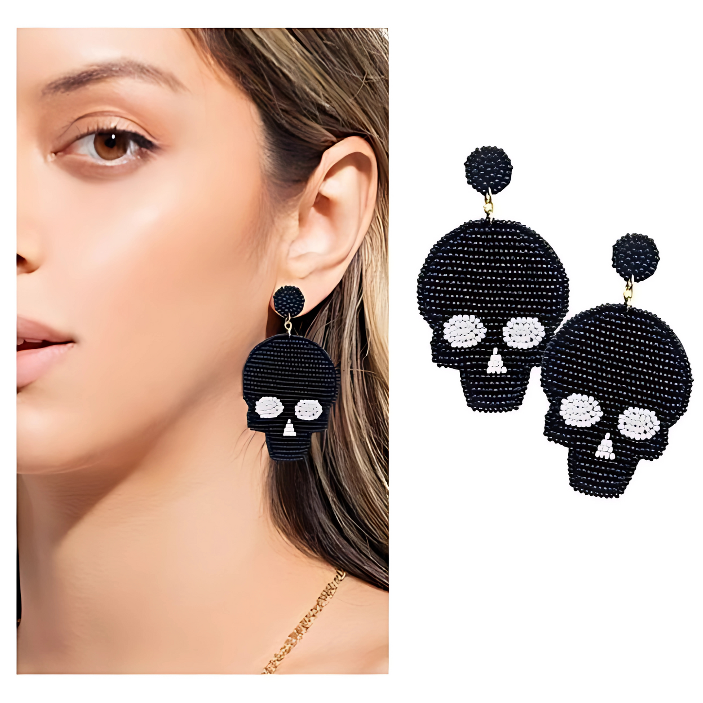 Black Shadow Skull Spooky Halloween Beaded Earrings