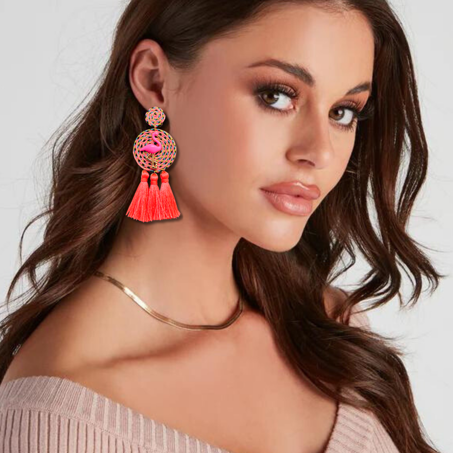 Pink Flamingo Tropical Bird Raffia Tassel Earrings