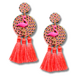 Pink Flamingo Tropical Bird Raffia Tassel Earrings