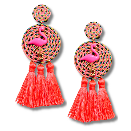 Pink Flamingo Tropical Bird Raffia Tassel Earrings