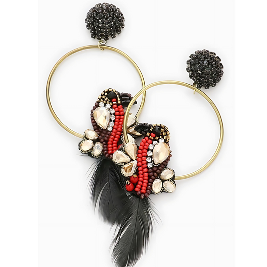 Parrot on a Perch Beaded Feather Hoop Earrings