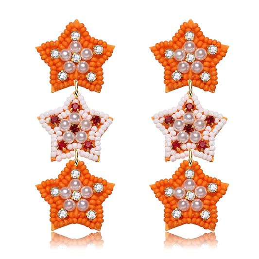 Tennessee Vols Football Beaded Orange White Triple Star Earrings