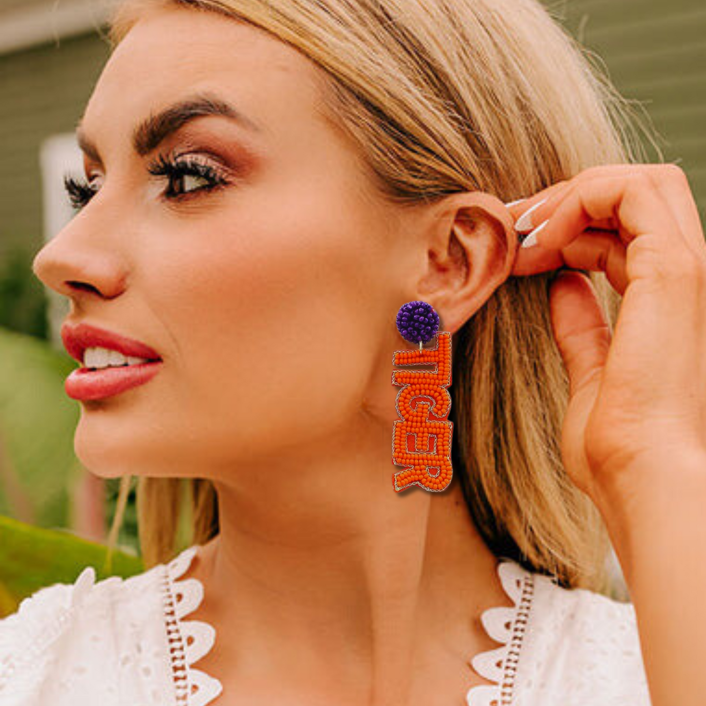 Clemson Tiger Word Football Beaded Orange Purple Earrings