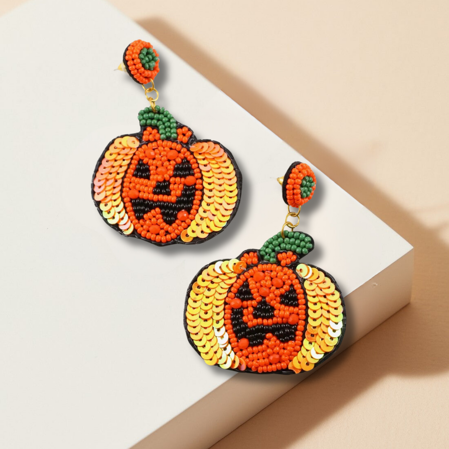 Sparkle Sequin Beaded Jack-O-Lantern Pumpkin Earrings