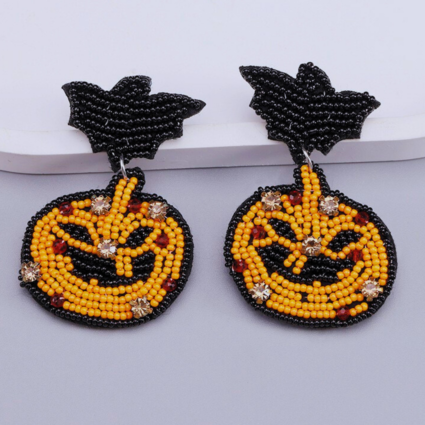 Beaded Bat Jack-O-Lantern Pumpkin Halloween Earrings