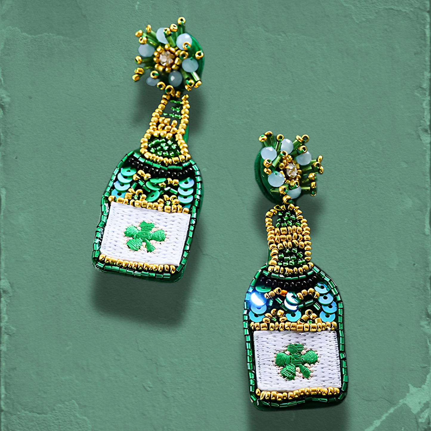 St Patrick's Day Irish Champagne Wine Bottle Beaded Earrings