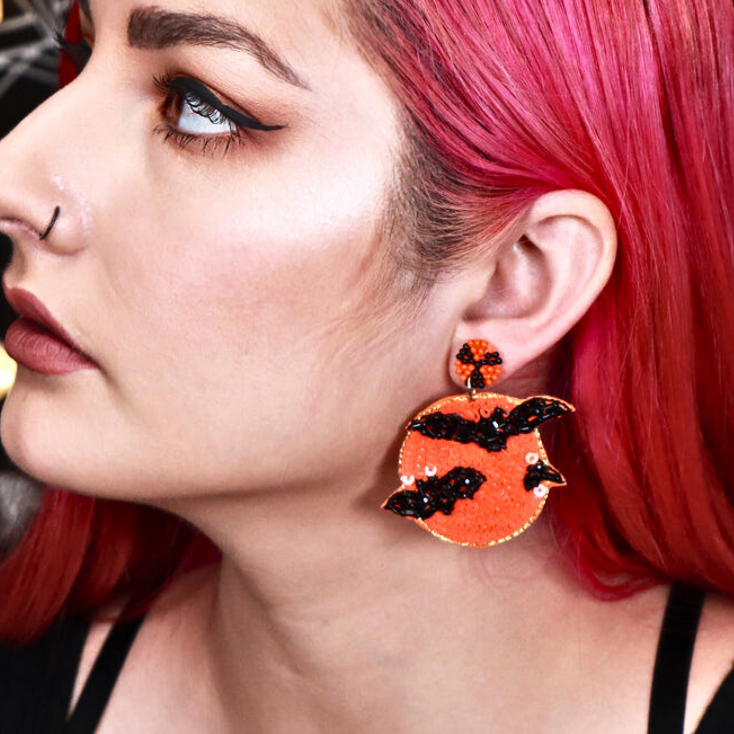 Black Bats Moon Halloween Seed Beaded Earrings