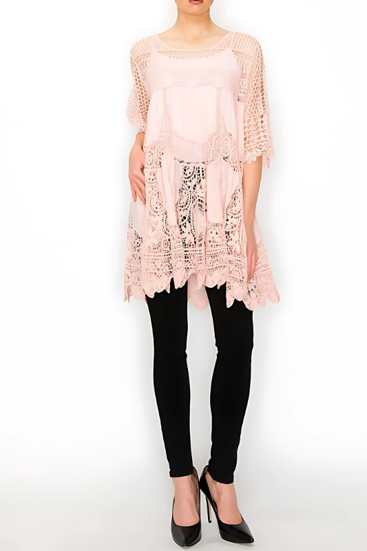Rowen Crochet Lace Bohemian Tunic Top in Pink