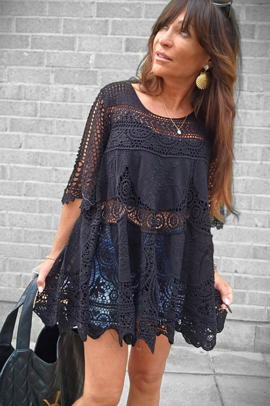 Rowen Crochet Lace Bohemian Tunic Top in Black