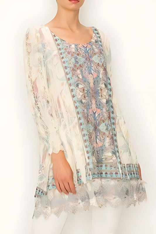 Paris Lace Accent Boho Print Tunic Top