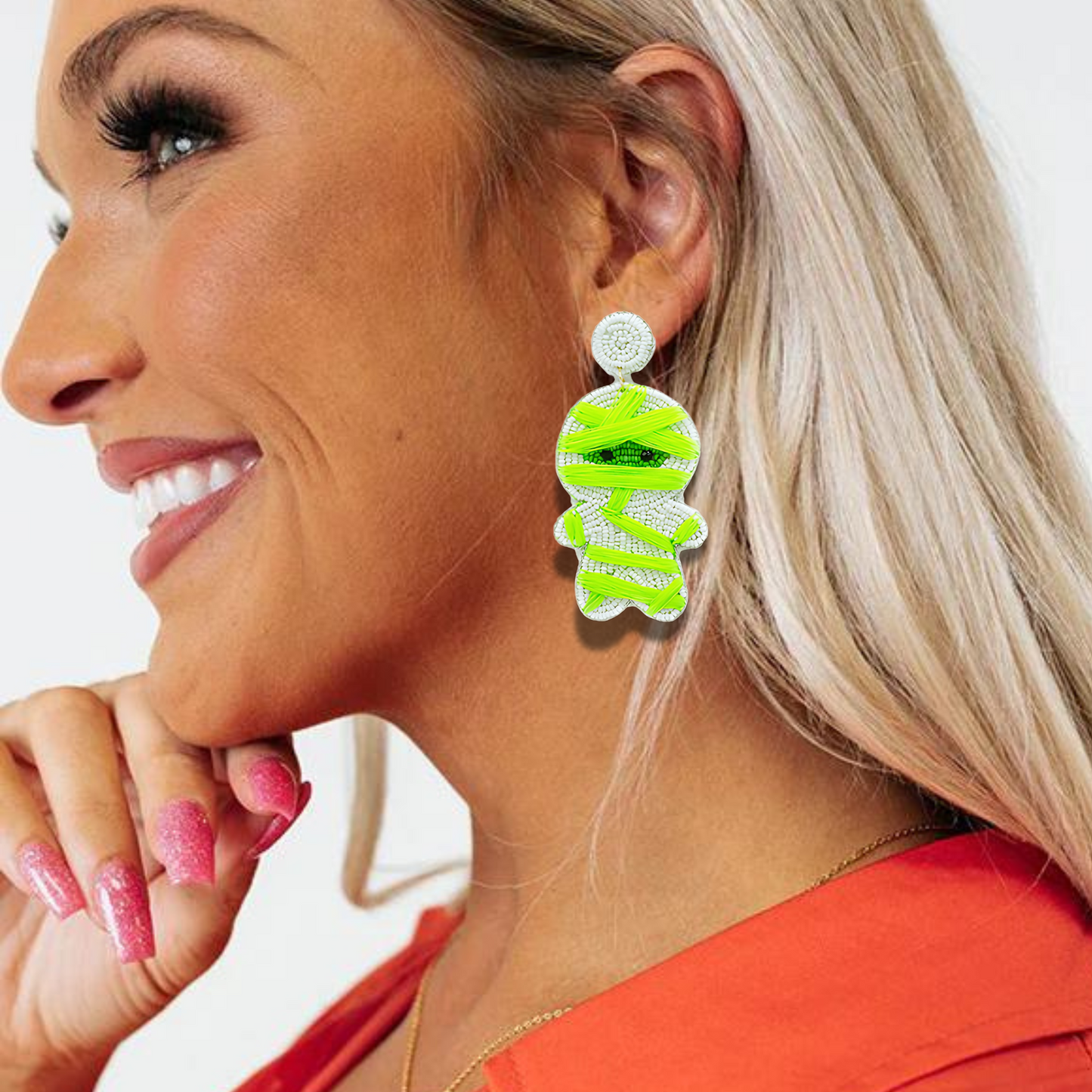 Go Glow Neon Wrap Seed Beaded Mummy Halloween Earrings